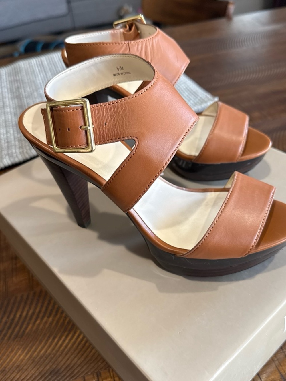 levity Cognac Leather Strappy High-Heel Sandals with Gold Buckle